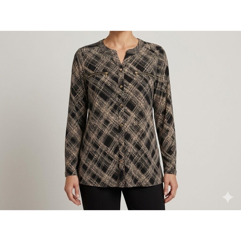 Susan Graver Liquid Knit Tunic Top M Plaid Zip Pocket Black Tan Stretch A297141